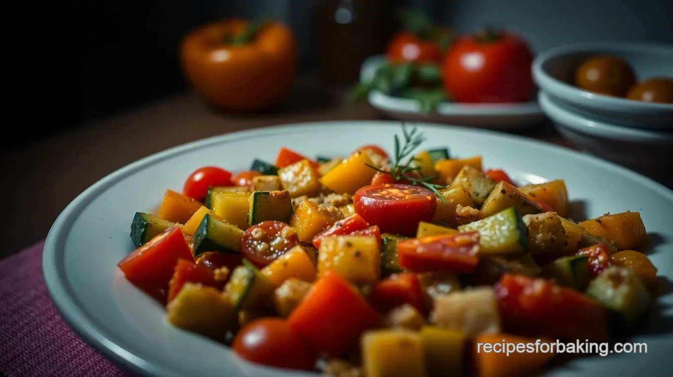 Mediterranean Baked Plate: Flavorful Roasted Vegetables with Herbs and Feta